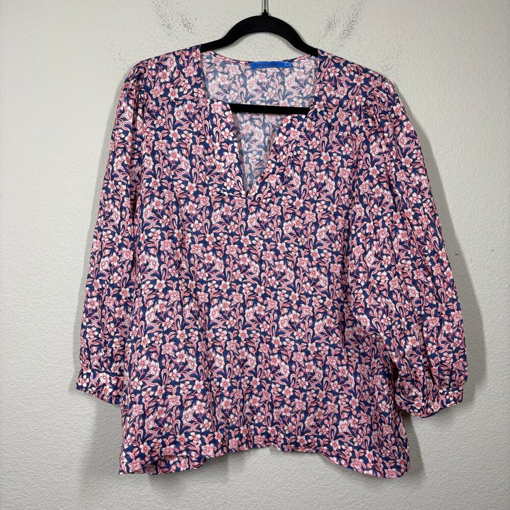J McLaughlin XL Boho Top Blouse Pink Blue Floral 3/4 Sleeves V Neck